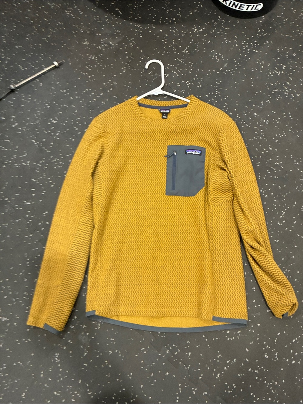 Patagonia Men’s Mustard Yellow Crewneck Sweater with Gray Chest Pocket